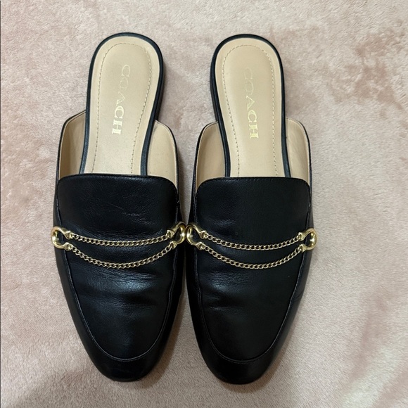 Coach Black Leather Mules with Gold Chain - Picture 1 of 5